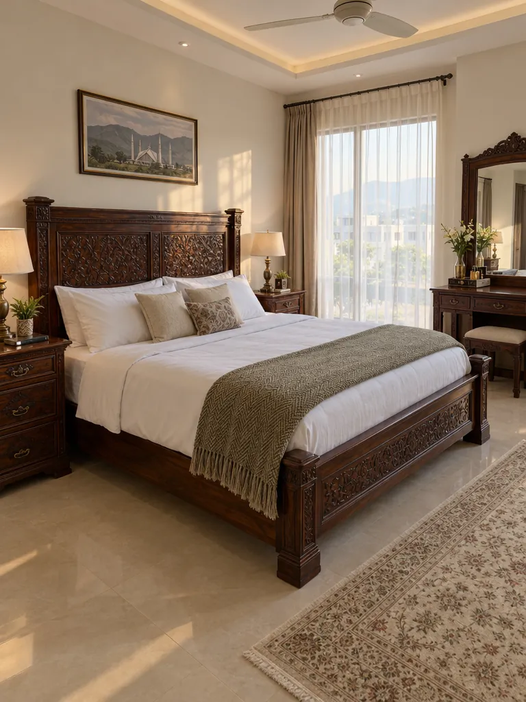 A hand-carved sheesham bed in a bright bedroom