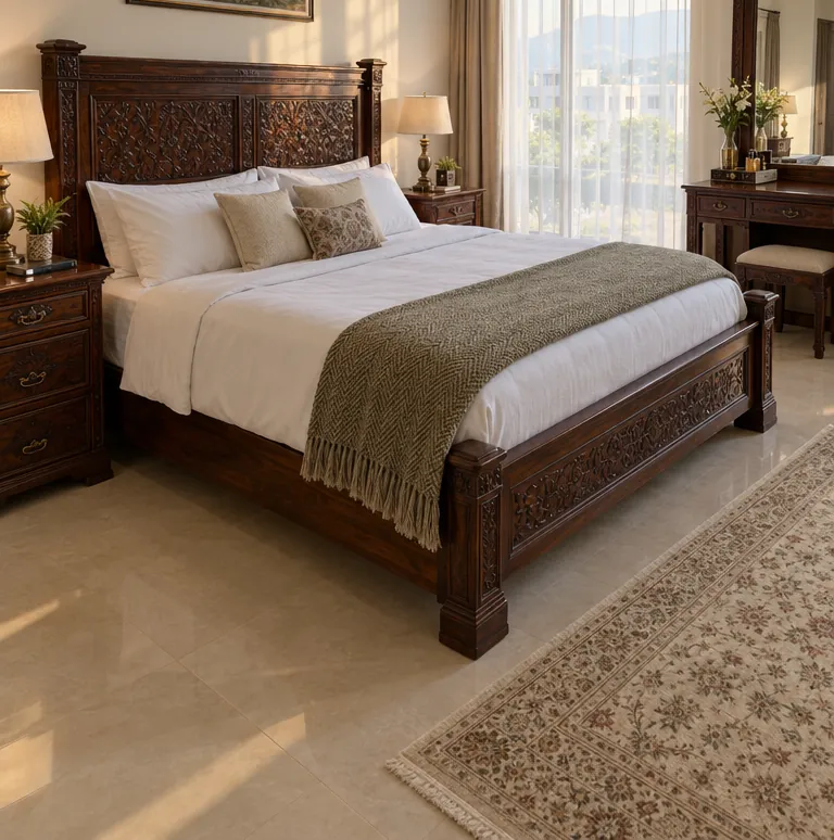 Carved bed headboard detail