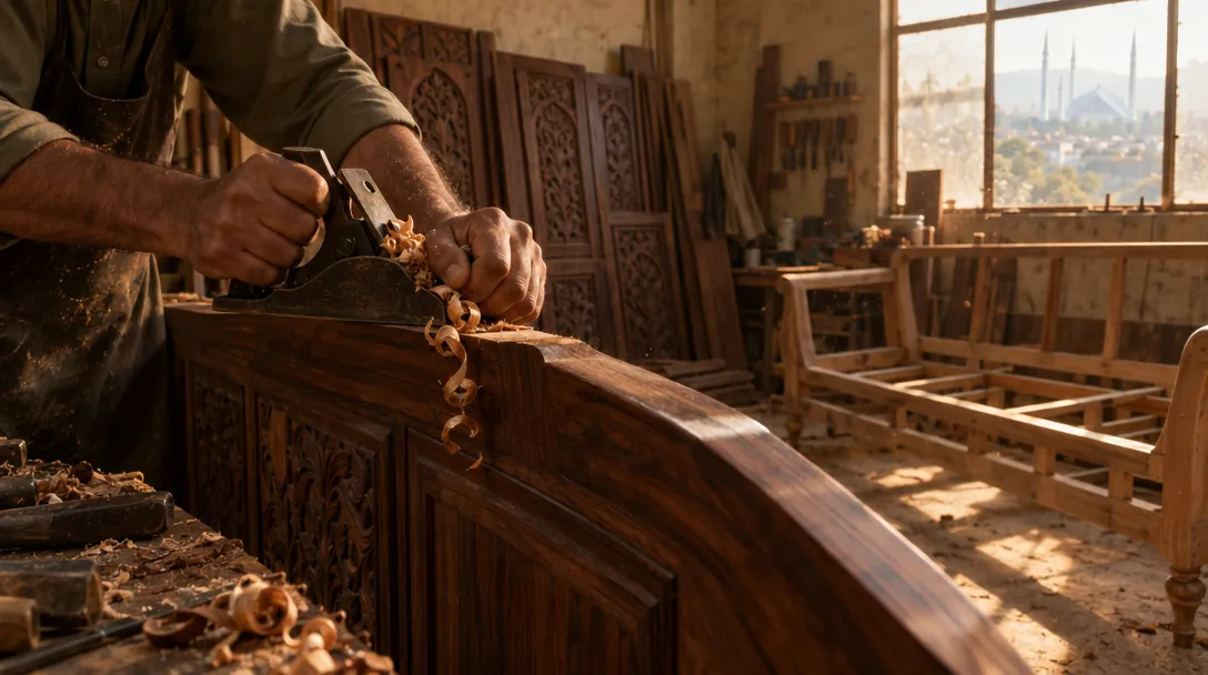A craftsman planing a dark sheesham headboard in the workshop