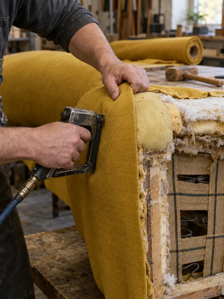 New fabric being stretched over a sofa arm