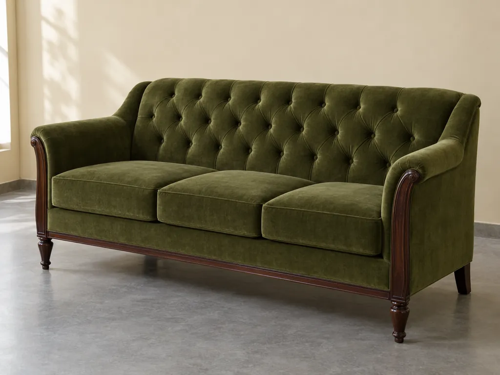 A new olive velvet sofa with polished wood trim